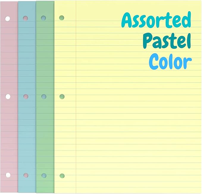 1InTheOffice Colored Notebook Paper, 8.5x11 Wide Ruled Lined Loose Leaf Paper, Pastel Colored, 100 Sheets