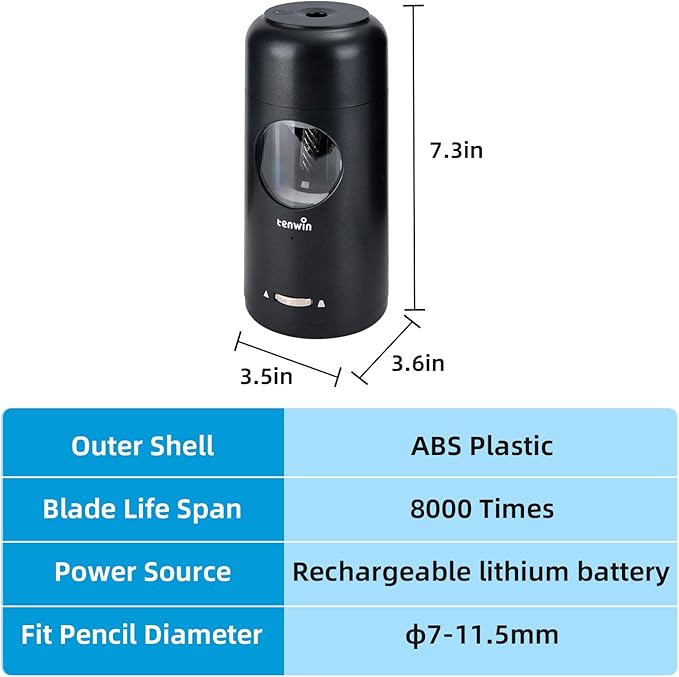 tenwin Rechargeable Electric Pencil Sharpener, Fully Automatic Pencil Sharpener for 7-11.5mm Pencils, Hands-Free Sharpener for Colored Pencils, Auto in&Out, Adjustable Pencil Nibs, Black