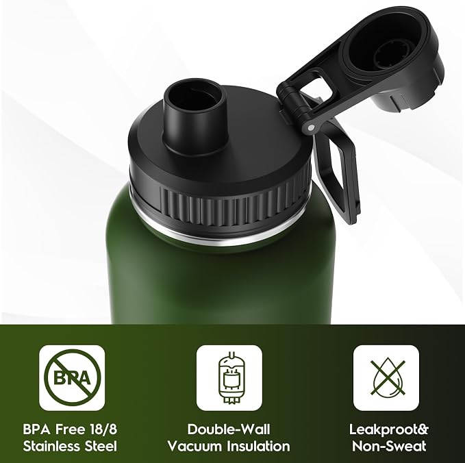 Navigate 32oz Insulated Water Bottle for Sports, Keep Cold 24H | 2-in-1 Spout and Handle Lids, Double Leak-Proof, 18/8 Stainless Steel, BPA-Free, Wide Mouth for Hiking,Dark Green