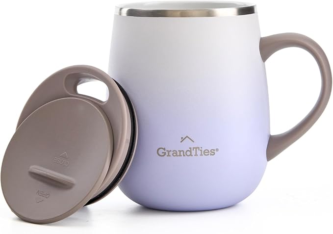 GRANDTIES 16oz Ceramic-Lined Insulated Coffee Mug with Sliding Lid, Wine-Glass Shape Thermal Tumbler with Double Walled Vacuum to Keeps Beverages Hot or Cold (Soft Lavender)