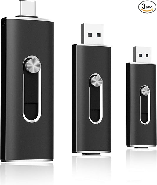 64GB USB C Flash Drive Dual USB 3.2 Gen 1 Type C & USB A Thumb Drive, 150MB/s 2-in-1 USB-C Memory Stick for iPhone 15/16/17, Android Phone, Tablet, MacBook, Computer – Black (3 Pack)