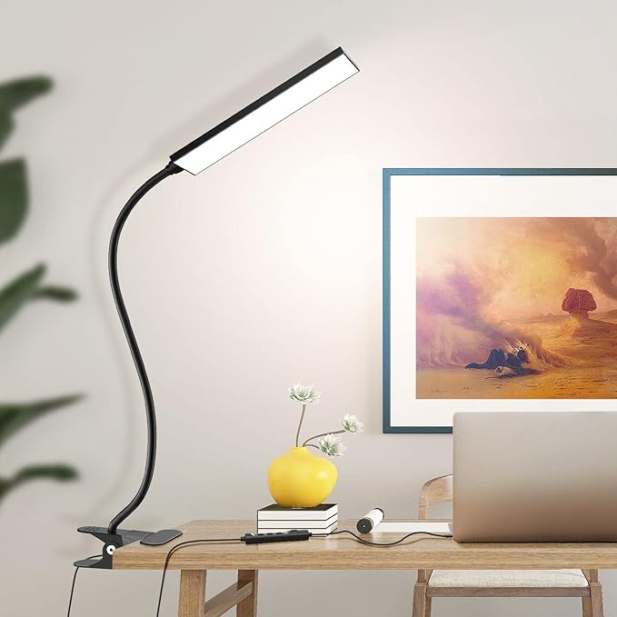 Vansuny Clip on Light LED Desk Lamp with Eye-Caring LED Light and Metal Clip, 11 Level Brightness 3 Color Modes, Power by USB Port 5W Adjustable Neck Reading Lamp for Home and Office (5W, Black)