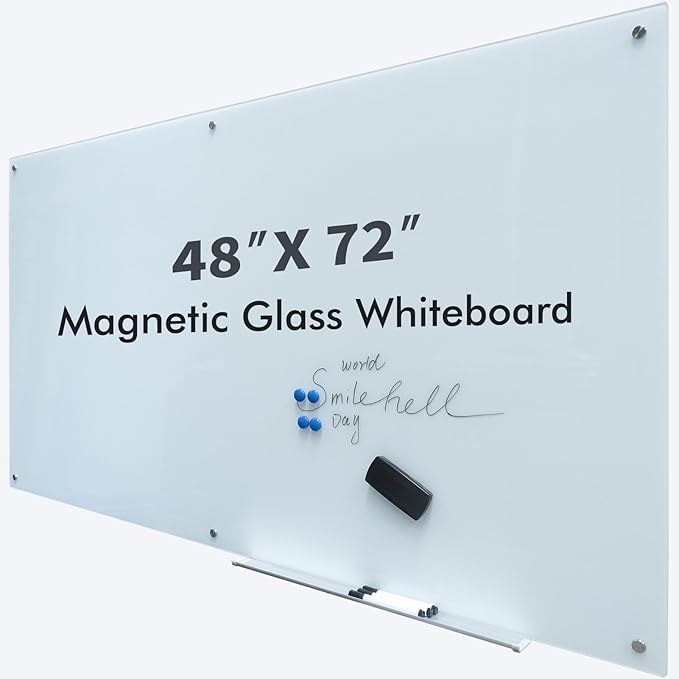 Glass Whiteboard 48"X72" Dry Erase Board Magnetic Frameless Wall Mounted White Board WritingBoard for Office School Home Accessory Tray, 3 Dry Erase Marker,4 Glass Board Magnets and 1 Magnetic Eraser