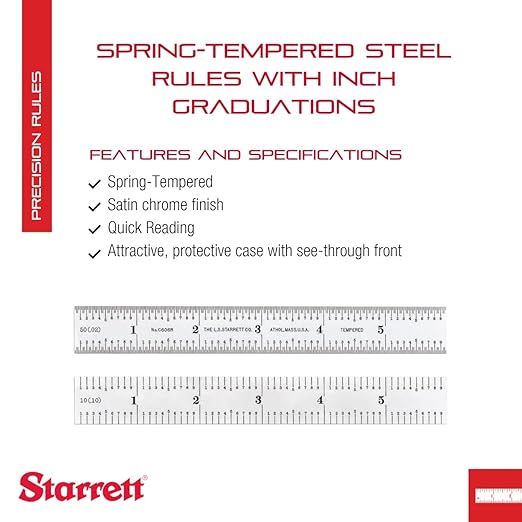Starrett Spring Tempered Steel Rule with Satin Chrome Finish, Quick Reading and Inch Graduation - 6" Length, 6R Graduation Type, 3/64" Thickness - C606R-6