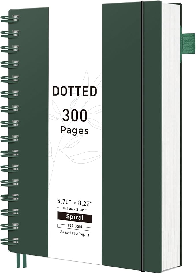 RETTACY Dotted Journal Notebook, 300 Pages, A5 Medium Size (5.7'' × 8.2''), 100 GSM Thick Paper, Flexible Plastic Cover, Spiral-bound, for Journaling, Planning, Tracking (Deep Green)