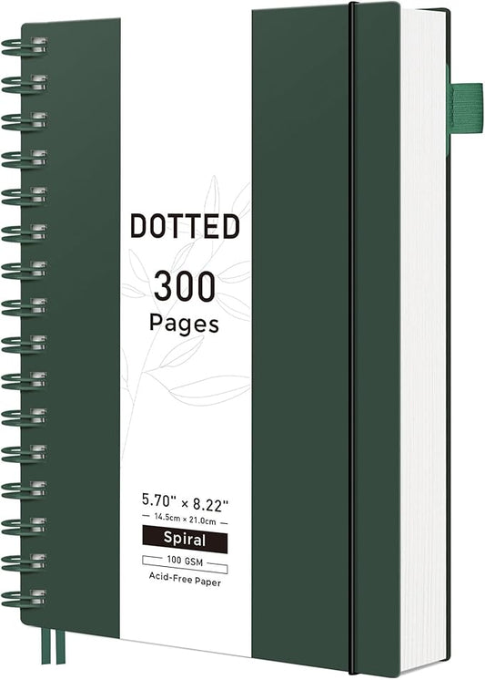 RETTACY Dotted Journal Notebook, 300 Pages, A5 Medium Size (5.7'' × 8.2''), 100 GSM Thick Paper, Flexible Plastic Cover, Spiral-bound, for Journaling, Planning, Tracking (Deep Green)