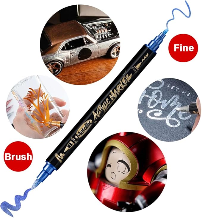 TRANSON 12Colors Metallic Paint Markers Brush and Fine Dual-tip for Rock Wood Ceramic Canvas DIY Painting Drawing