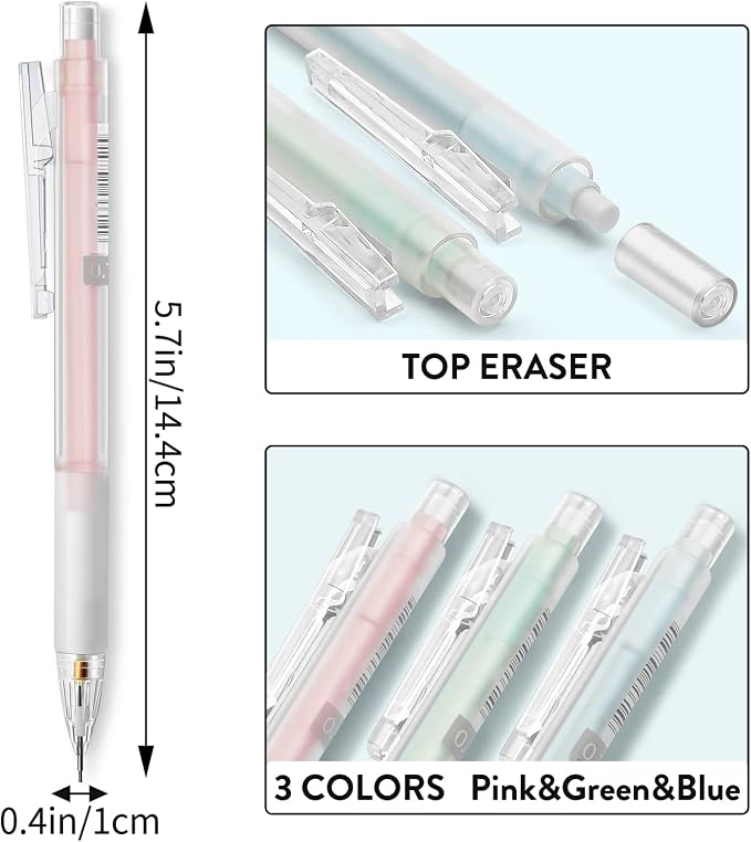 Four Candies Mechanical Pencils - 3PCS Pastel Mechanical Pencils 0.5mm for School, Pink Blue Green 3 Colors, Cute Mechanical Pencil with Eraser Refill for Students Writing, Drawing and Sketching