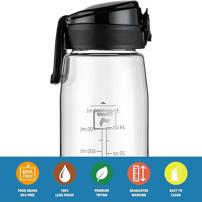 Fanhaw 32 oz Tritan Water Bottle with Chug Lid - Clear, BPA-Free, Lightweight, Wide Mouth, Leak-Proof, Perfect for Gym, Travel, School, Office, and Sports (Clear & Black)