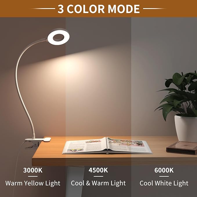 iZELL Book Light, Clip on Reading Light with Silicone Flexible Arm, Dimmable LED Lamparas Clamp on Workbench Desk for Studying Painting Crafting Drawing Makeup Nail Tech Puzzle Task - 27.6‘’ White