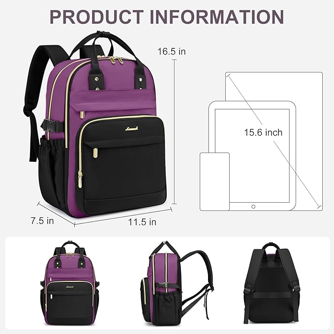Women Laptop Backpack College Bookbag: 15.6 inch Backpacks with Pouch Pocket for Large Capacity Cup Travel Waterproof Book Bag Anti-theft Casual Work Bookbags for Teacher Nurse Black Purple