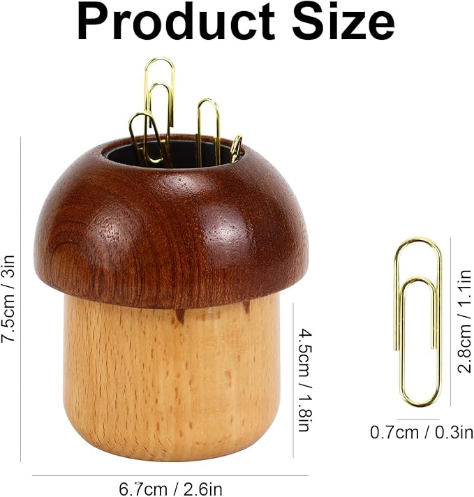 MultiBey Magnetic Mushroom Paper Clip Holder –Wooden Paperclip Holders for Desk with 100pcs 1.1in Gold Paperclips, Cute Paper Clip Dispenser for School,Home,Office