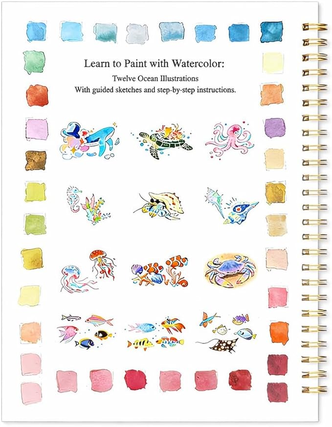 Beginner Watercolor Painting Kit with Seaside Watercolor Workbook, 12 Colors Watercolor Paint Set, Paint Brushes Included, Easy Art Set for Beginners
