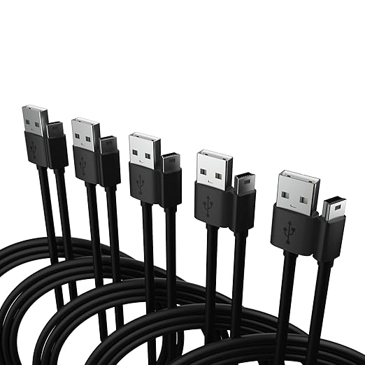 (5-Pack) Mini USB Cable 15ft., Durable USB Mini to USB Charging Cord & Data Transfer Compatible with GoPro HERO4 Hero 3+, Garmin GPS, TI-84 Plus, TI84 Calculator, Dash Cam, DSLR Camera, USB Mic.
