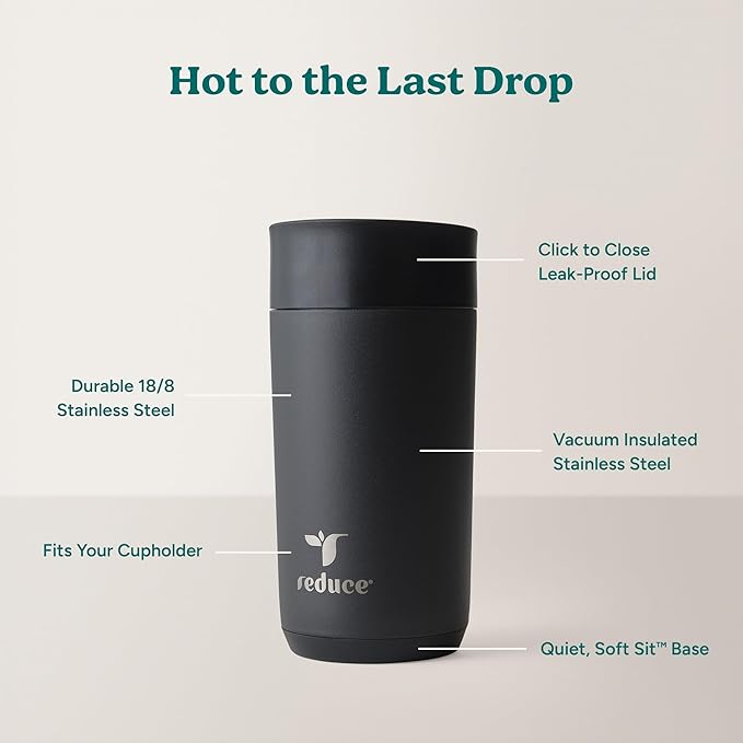 REDUCE Perk 10oz Insulated Coffee Tumbler – Leak-Proof with Lockable Lid and Vacuum Insulation – Durable Stainless Steel – Fits Car Cup Holders – One-Handed Travel Mug in Sand Leopard Print - Black
