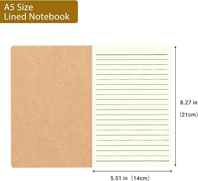 zmybcpack 12 Pack Journal Notebook Kraft Brown Cover Lined Notebooks for Travelers, Students, Office - Memo Diary Subject Notebooks Planner - A5 Size, 8.26”x5.5”, 60 Lined Pages/30 Sheets