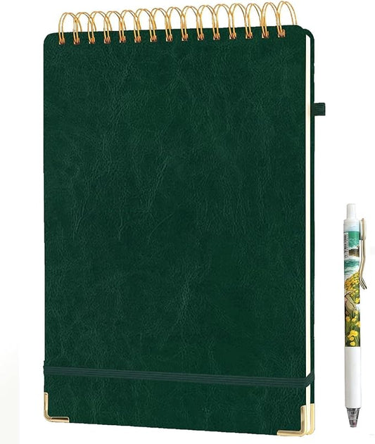 Top Spiral Notebook 8.5x11, A4 Large Leather Hardcover Top Bound Steno Pads, 240 Pages 100gsm Thick Lined Paper,Wide Ruled,Left Handed Notebook Journal for Work, School - Green