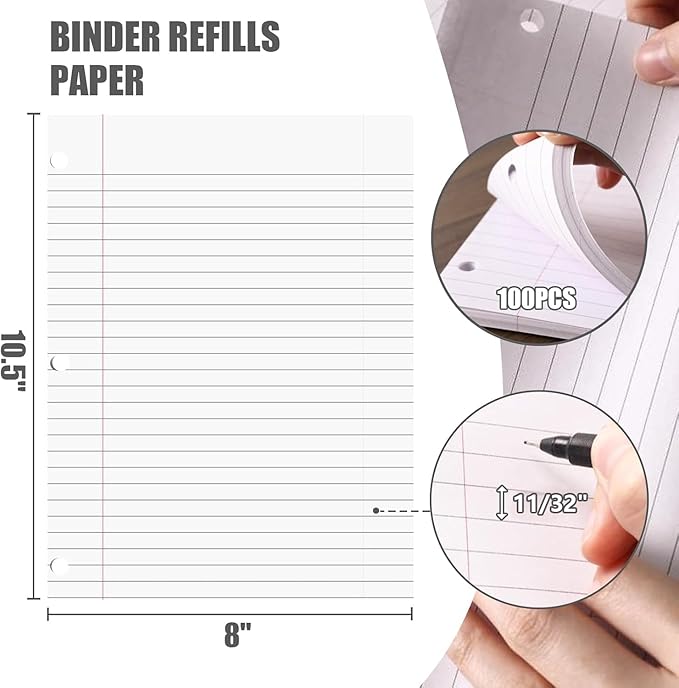 HIBOX 100 Sheets Loose Leaf Paper, 8 x 10-1/2 Inch, 3 Hole Punched Wide Ruled White Filler Notebook Paper for 3 Ring Binders, Ideal for School Notes, Organizing Classwork, School Supplies