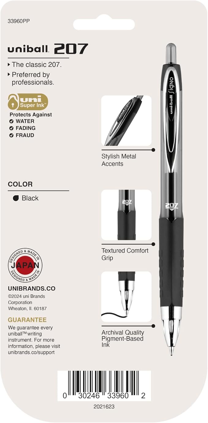 uni-ball® 207™ Retractable Fraud Prevention Gel Pens, Medium Point, 0.7 mm, Black Barrels, Black Ink, Pack of 4