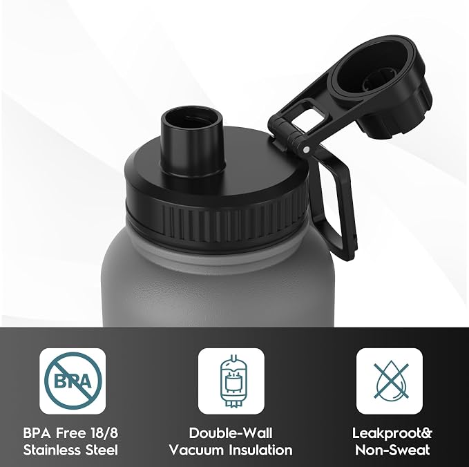 Navigate 40oz Insulated Water Bottle for Sports, Keep Cold 24H | 2-in-1 Spout and Handle Lids, Double Leak-Proof, 18/8 Stainless Steel, BPA-Free, Wide Mouth for Gym and Hiking,Grey
