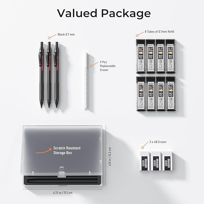 Nicpro 0.7 mm Mechanical Pencil Set with Case, 3 Metal Artist Pencil With 8 Tube HB Lead Refills, 3 Erasers, 9 Eraser Refills, Black Drafting Pencil for Writing, Drawing, Engineering, Sketching