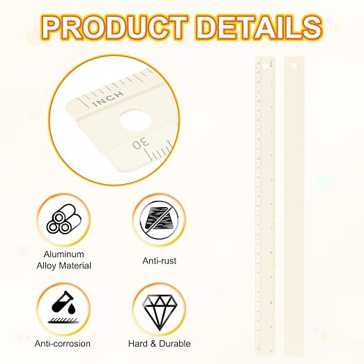 HARFINGTON Metal Straight Ruler 12 Inch(30cm) Metric Aluminum Alloy Measuring Rulers Scale Tool with Hole for Measure Study Reading Classroom Office, Beige