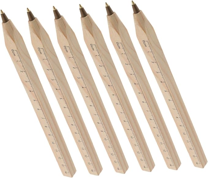 INOOMP 6pcs Black Ink Wooden Ballpoint Pens Natural Biodegradable Wood Signature Pens with Printed Scale Ruler for Woodwork Marking and Office Use