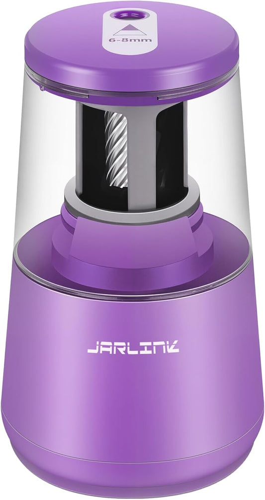 JARLINK Electric Pencil Sharpener, Heavy-Duty Helical Blade to Fast Sharpen, Auto Stop for No.2/Colored Pencils(6-8mm), AC Adapter/Battery Operated in School Classroom/Office/Home (Purple)