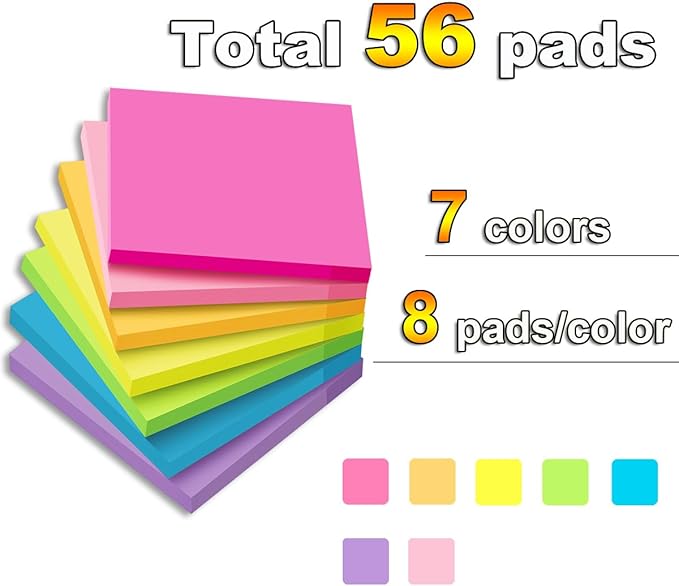 (56 Pads) Sticky Notes Bulk 3x3 in Post Bright Stickies Colorful Super Sticking Power Memo Pads, Strong Adhesive