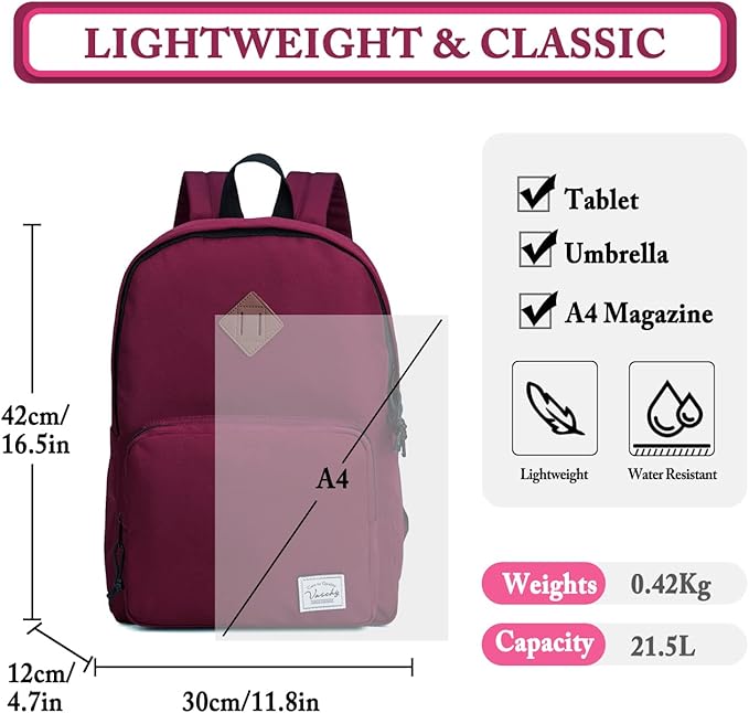 VASCHY School Backpack, Ultra Lightweight Backpack for Women Bookbag for Kids Teen Boys Girls Burgundy