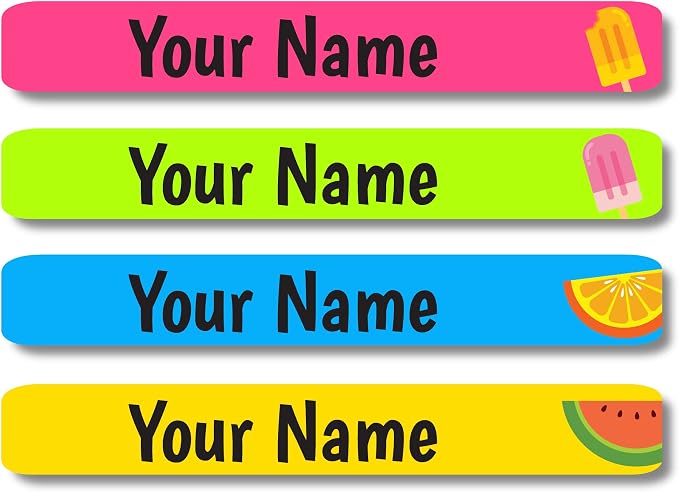 Lovable Labels Personalized Labels for Kids (120 Labels) - Waterproof Dishwasher Safe Peel and Stick Labels are Great for School Supplies Daycare Camp Bottles (Summer Treats)
