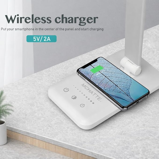 LED Desk Lamp with Wireless Charger, USB Charging Port, Dimmable Eye-Caring Desk Light with 5 Brightness Levels & 5 Lighting Modes, Touch Control, Auto Timer (White)