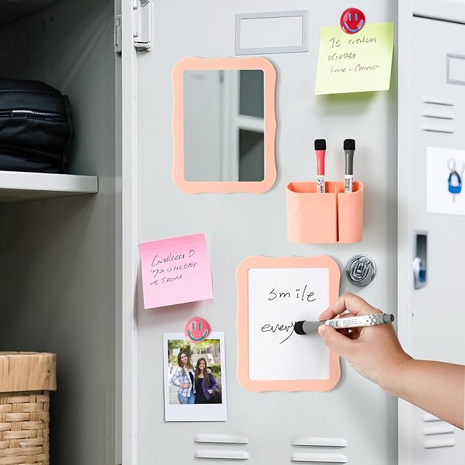 Locker Accessories for Girls Boys with Locker Mirror, Magnetic Whiteboard, Cute Smiley Face Magnets, Back-to-School Locker Decorations, Ideal for Office School Locker (Pink Locker Decor Set)
