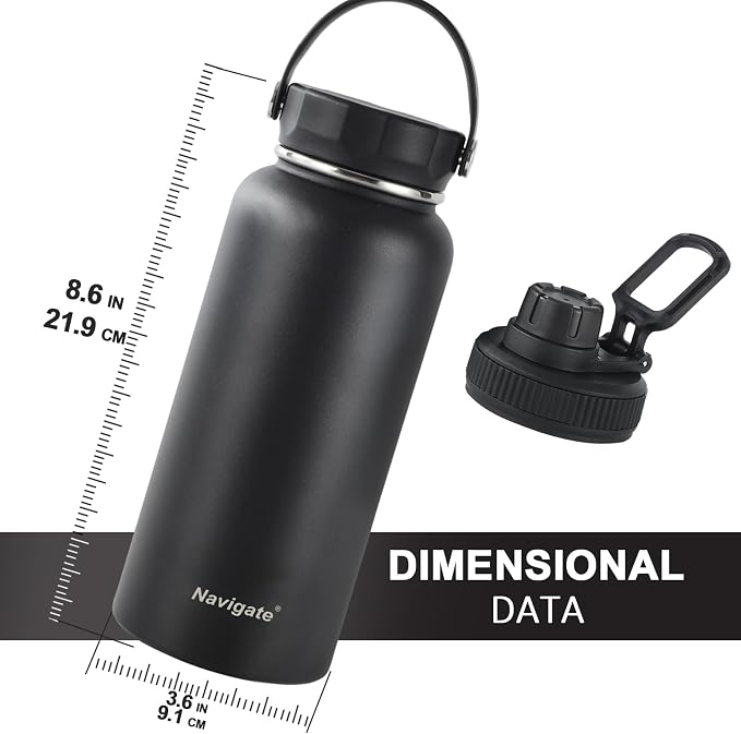 Navigate 32oz Insulated Water Bottle for Sports, Keep Cold 24H | 2-in-1 Spout and Handle Lids, Double Leak-Proof, 18/8 Stainless Steel, BPA-Free, Wide Mouth for Gym and Hiking,Black