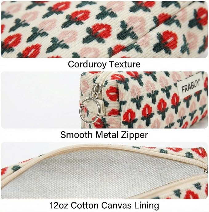 Soft Corduroy Pencil Case Pen Pouch Organizer, Small Stationery Bag | Cute little red flower pencil pouch, smooth zipper, daily cosmetics holder, compact organizer for school teen girls, women