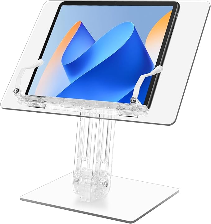 Acrylic Book Stand for Reading, Adjustable Foldable Book Holder with 180° Rotating Base & Page Clips, Portable Transparent Tablet Holder for Cookbook, Laptop, Tablet, Music Scores, Recipe, Textbook