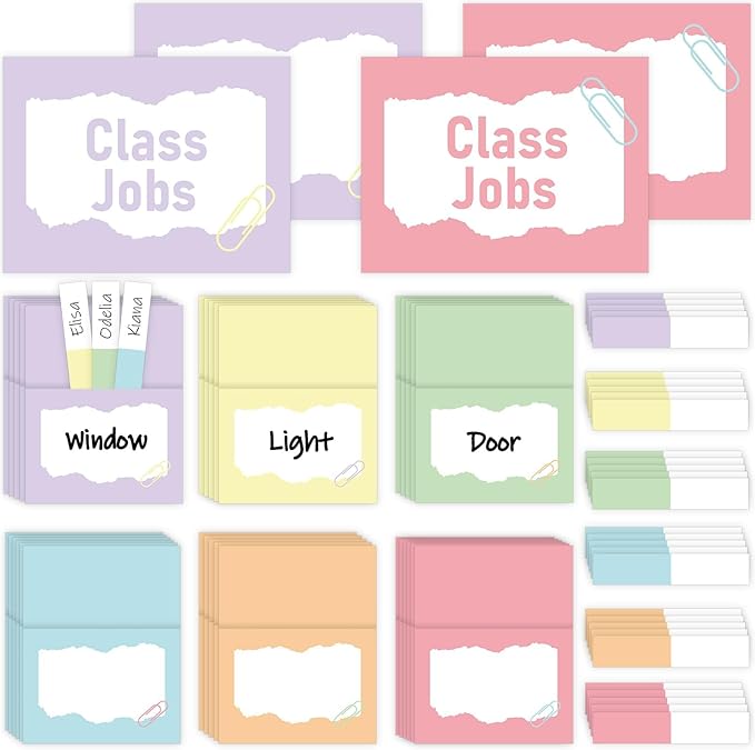 QOUBAI 112 Pcs Pastel Class Jobs Bulletin Board Set Colorful Classroom Jobs Pocket Chart Boho Class Management Educational Pocket Chart Teacher's Helper Posters Classroom Decorations School Supplies
