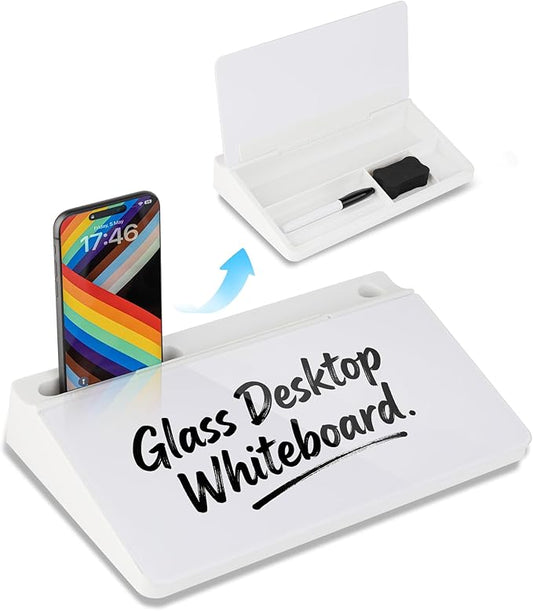 11.8×7” Small Glass Desktop Whiteboard, Dry Erase Note Memo Board, Desk Organizer with Storage for Desk, Office, White