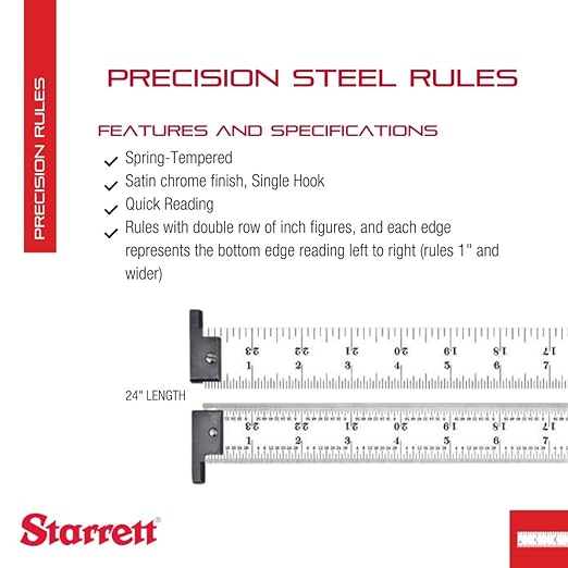 Starrett Spring Tempered Steel Rule with Satin Chrome Finish, Quick Reading, Inch Graduation, and Hook - 24" Length, 4R Graduation Type, 3/64" Thickness - CH604R-24