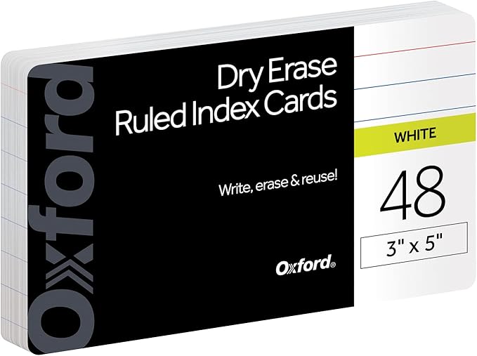 Oxford Dry Erase Index Cards, 3x5 Ruled, Reusable Flash Cards, Double Sided Dry & Wet Erase Cards for Gaming, Study or Vocabulary, 48-Pack (63517)
