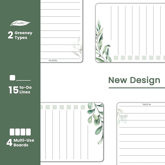 ALEZEL Dry Erase List Board for Fridge Magnetic, Refrigerator to Do List White Board Set - 4 Pcs Greenery Dry Erase Grocery List Whiteboards, 4 Markers + Eraser