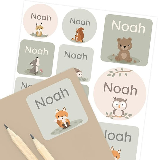 Camp Name Labels for Kids (33) – Custom Waterproof Stickers for Water Bottles, Lunch Boxes, Daycare & School with Unique Designs - Forest Animals
