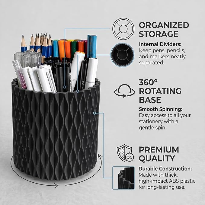 Lebenrich Aesthetic Black Pen Holder for Desk, Rotating Plastic Desk Pencil Holder Organizer for Home School Office
