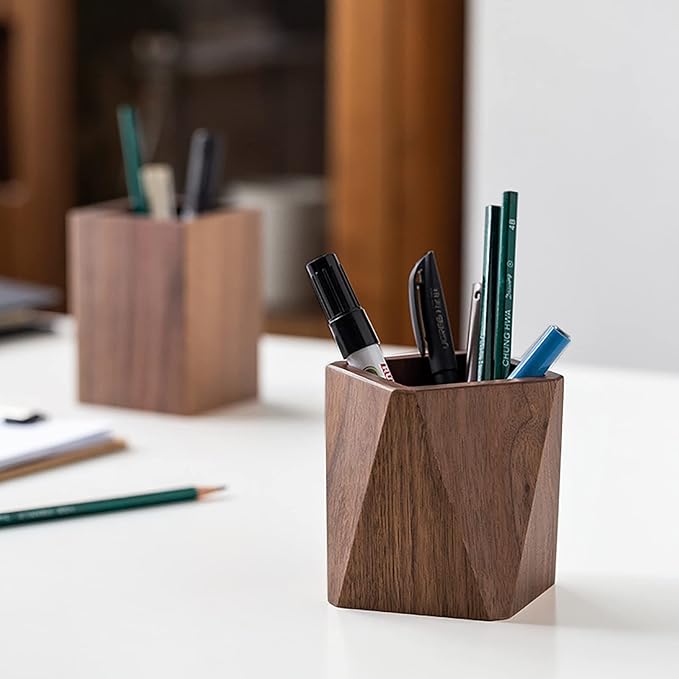 Black Walnut Wooden Pencil Box, Multiple-Use Desk Writing Stationary Organizer Wood Pen Holder Cups Office School Supplies Storage (Prismatic Shape)