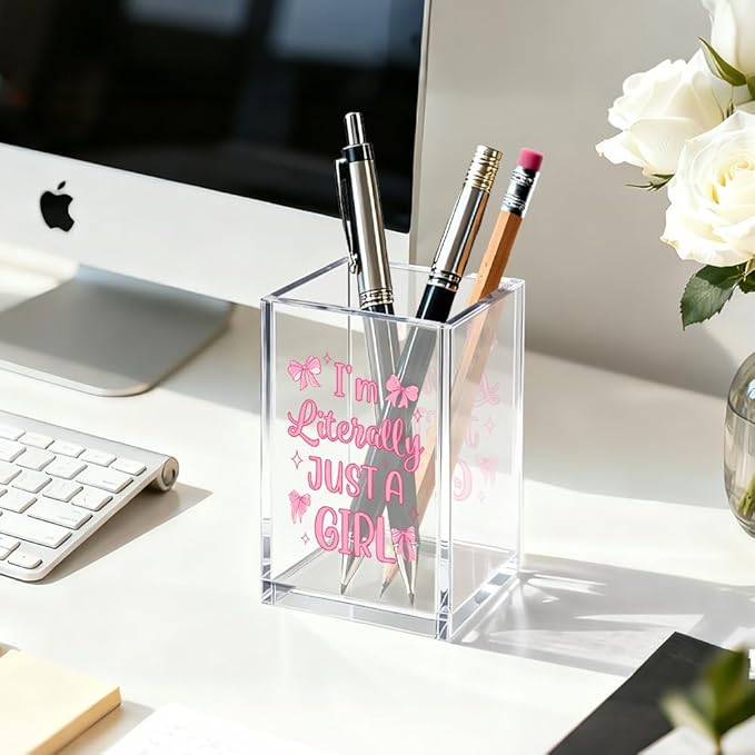 I'm Literally Just A Girl Acrylic Cosmetic Organizer Pen Holder, Funny Acrylic Desk Holder Cup for Pen Pencil, Cute Office Gifts for Women Coworker, Pink Birthday Gifts for Bow Lover Daughter