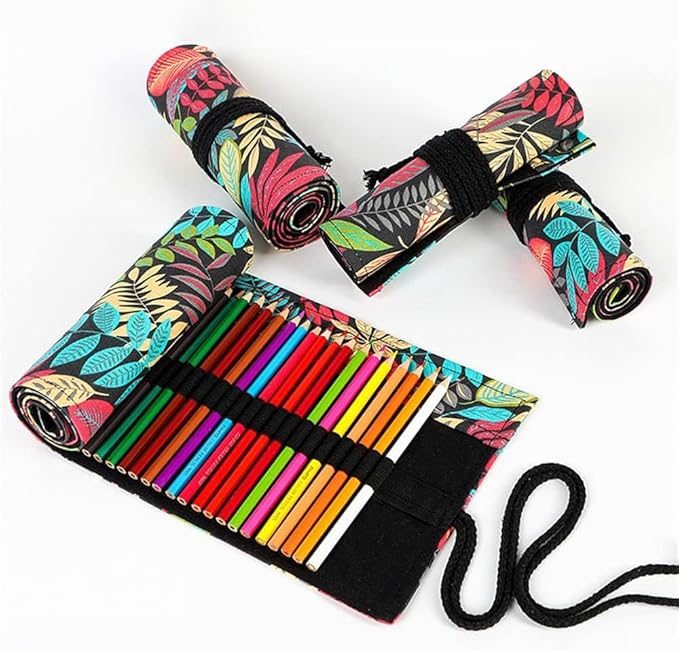 DIYOMR 12/24/36/72 Slots Pencil Wrap Pencil Rolls, Artist Colored Pencil Roll Up Bag Short Brush Pouch Case Pencils Organizer for Drawing Coloring and Sketching, No Pencils (Colorful Leaves, 12slots)