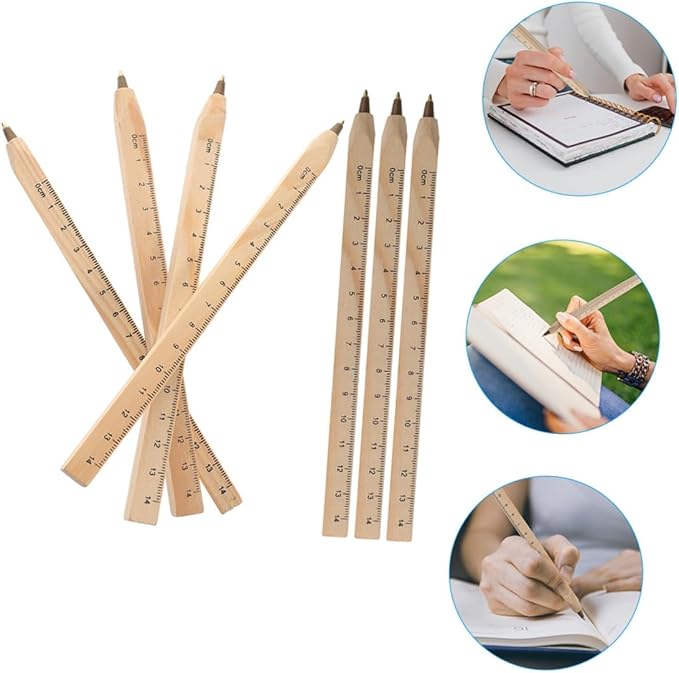 PRETYZOOM 20pcs Black Ballpoint Pens Wooden Carpenter Signature Pens with Printed Ruler Scale Natural Biodegradable Material for Construction and Engineering Use