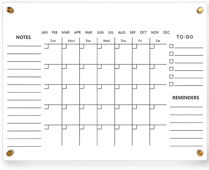 Clear Acrylic Calendar Dry Erase for Wall, Family Planner, Monthly Calendar Dry Erase Whiteboard for Home, Office, 17" x 13"Reusable White Board（Clear-3343）