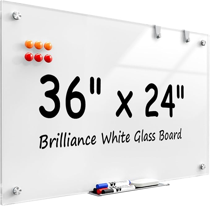 MaxGear Glass Whiteboard Wall Mounted, Frameless Magnetic Dry Erase Board, Tempered Glass, Steel-Backed, Non-Porous Smooth Surface, Floating Design, Accessories Included, for Office Home Classroom