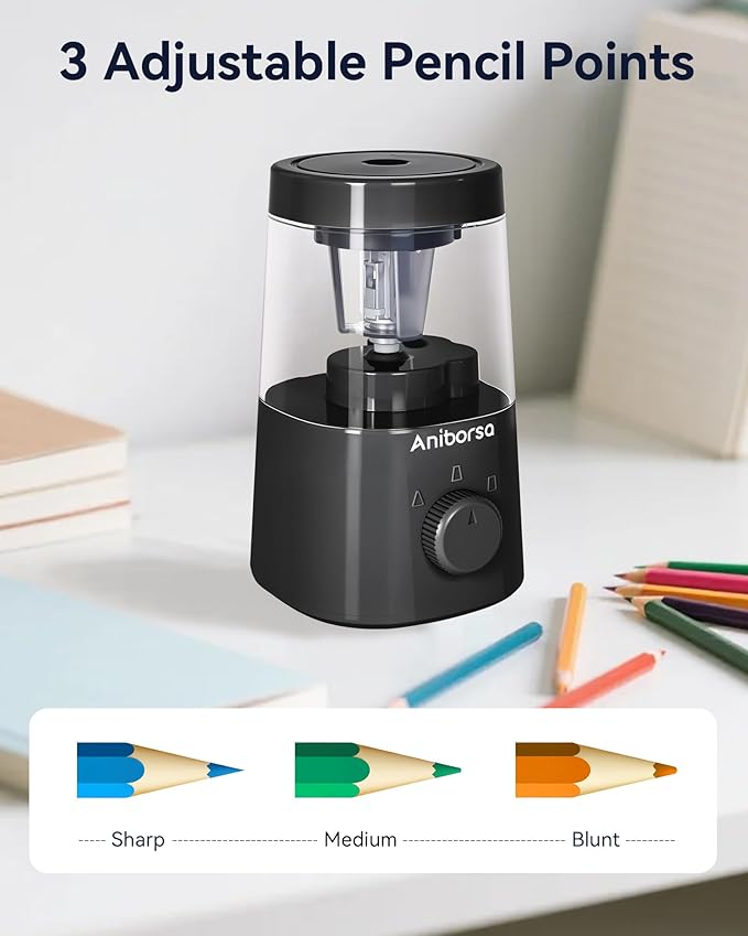 Electric Pencil Sharpener, Helical Blade Automatic Pencil Sharpener, Battery/USB Cord Operated Adjustable Sharpness for 6-8 mm Pencil, Classroom, School, Office, Home, Black
